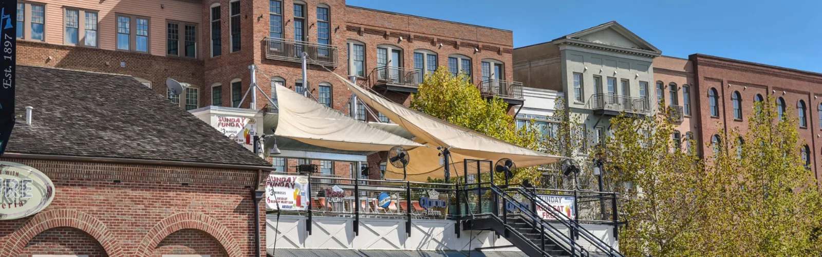Shops and outdoor dining in downtown Woodstock, GA