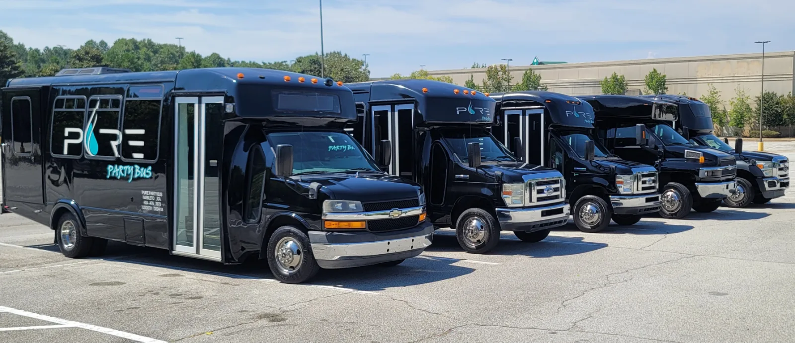 Pure Party Bus fleet of black party buses parked in a row